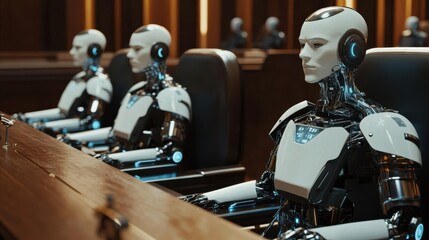 Artificial Intelligence Panel: A panel of advanced humanoid robots sits at a conference table, their blank, emotionless expressions reflecting a cold, calculated efficiency.