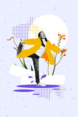 Vertical sketch 3d collage poster of happy small teenage girl stand rain puddle spring weather wildflower bloom park walk