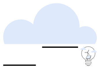 Lightbulb containing wind turbine and solar panel next to a large cloud. Ideal for clean energy, sustainability, renewable resources, eco-friendly innovation, green power, climate action, abstract