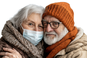 Elderly couple hugs in the cold