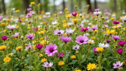 Colorful Field of Wildflowers in Bloom During Springtime Season