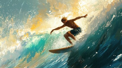 Surfer riding a massive wave at sunset showcasing skill and excitement in a vibrant ocean landscape