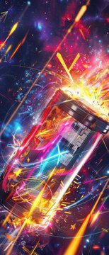 Electric vehicle battery core bursts with radiant energy beams, all set against a vibrant, starry cosmic canvas.