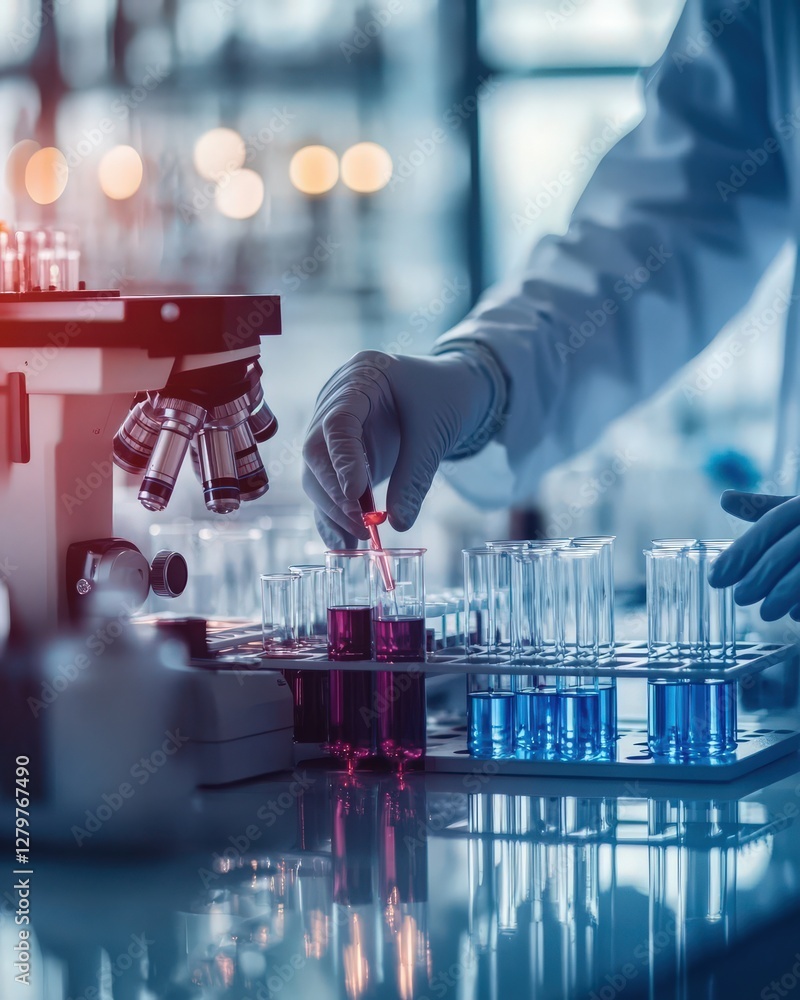 Poster close-up of gloved hands conducting a scientific experiment in a modern laboratory setting, using a 