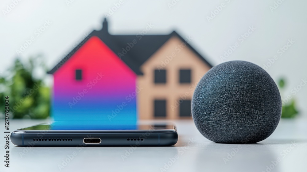 Aufkleber modern smart home setup featuring a smartphone and smart speaker with a colorful house backdrop