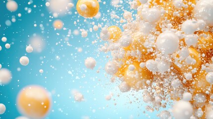 Abstract spheres exploding, blue background, vibrant colors, design element