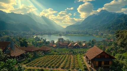 Mountain lake village sunrise, scenic farmland, travel