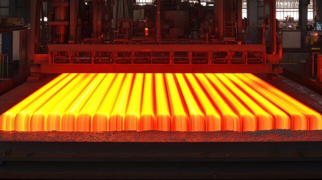 Glowing hot steel billets emerge from a continuous casting machine in a modern steel mill.  Intense heat and industrial processes are evident.