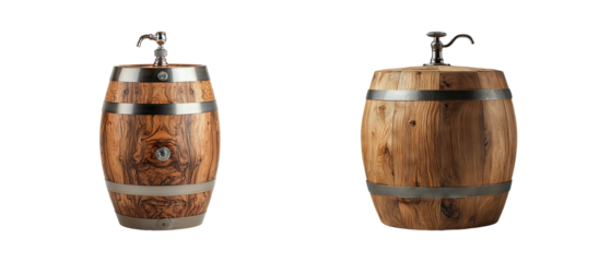 Rustic Wooden Barrel with Metal Bands on Transparent Background