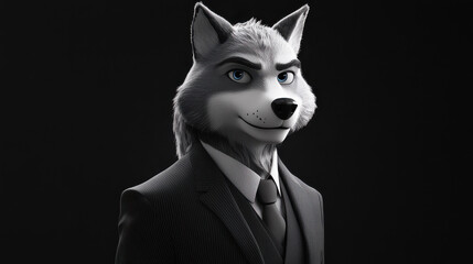 A dignified wolf-headed character, elegantly attired in a charcoal grey suit with a subtle pinstripe pattern, standing against a smooth monochrome background