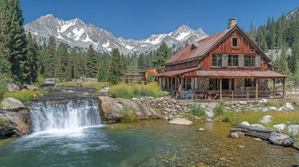 Obraz premium Mountain cabin waterfall summer scenic nature