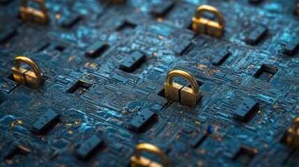 Digital Fortress: Illustrative representation of digital security, highlighting an array of gold padlocks embedded in a microchip, symbolizing data protection.