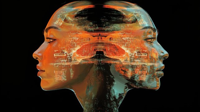 Inner Reflections: Double exposure artistic portrait of a woman's face, layered with an architectural landscape. A striking visual metaphor exploring inner thoughts, identity, and perception.