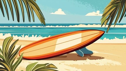 Artistic representation of a surfing board amidst a picturesque tropical beach setting.