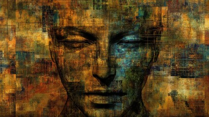 Unveiling the Mind's Tapestry: A stylized portrait of a serene face, its features subtly emerge from a complex, mosaic-like background of abstract patterns and textures.