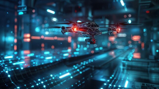 Automated security drones in night mode hands, part of a digital perimeter defense system with intrusion detection grid and high-tech surveillance network.