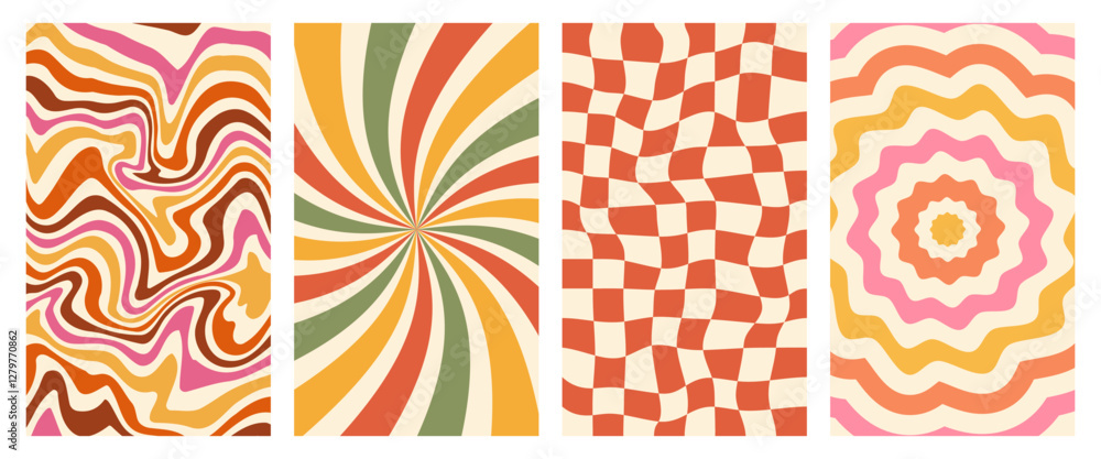Wall mural vector groovy poster set. chessboard and twisted backgrounds in trendy retro 70s style. twisted and 