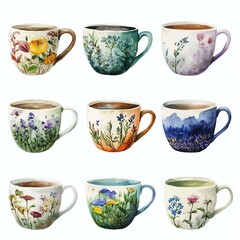 Colorful flower-patterned ceramic coffee mugs.