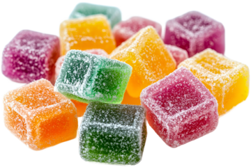 Colorful fruit gummies stacked in a sweet display