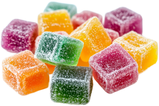 Colorful fruit gummies stacked in a sweet display