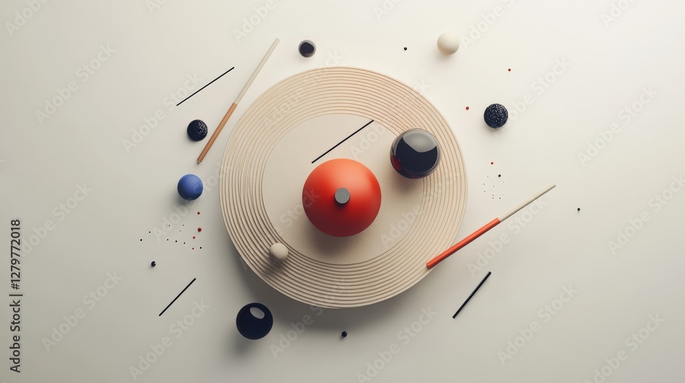 Poster abstract composition of colorful spheres and wooden elements arranged in a circular pattern