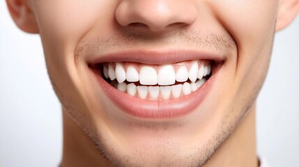Fototapeta premium Smiling young adult male showing healthy teeth dentist explaining care tools view white background