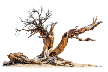 Ancient twisted tree with gnarled branches and weathered bark in desert