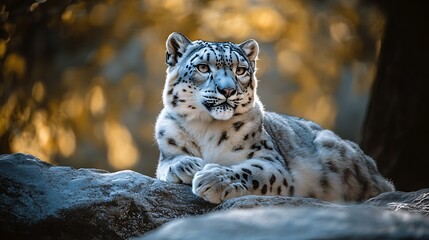 Fototapeta premium Snow Leopard Resting on Rock with Soft Golden Light Backdrop