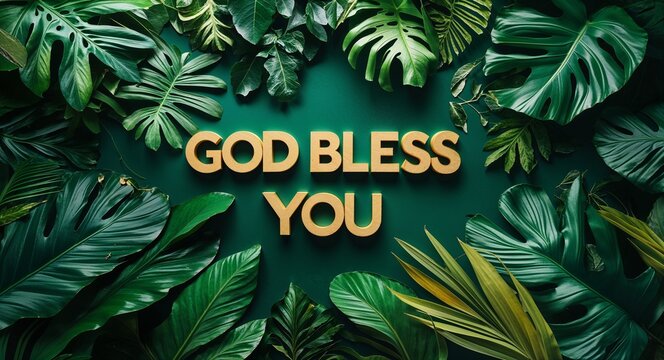 God bless you lettering on jungle leaves background