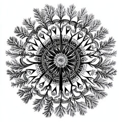 Intricate Mandala Design Featuring Trees and Symbolic Patterns