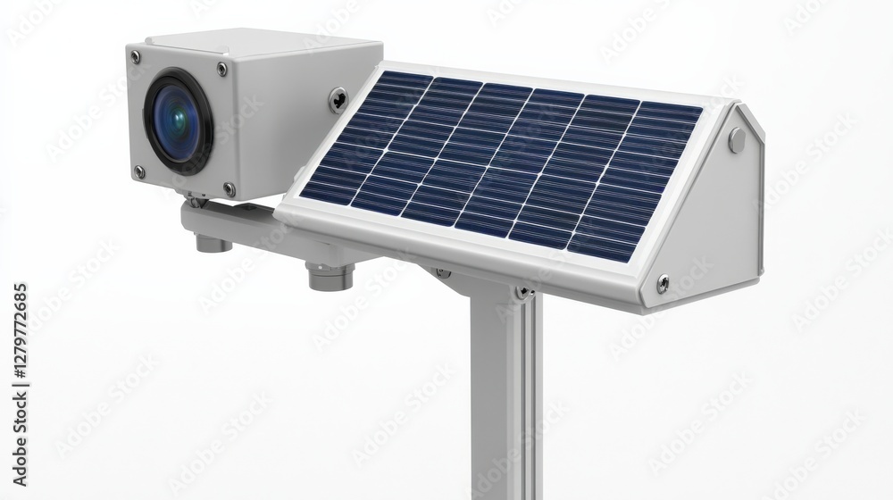 Poster solar-powered surveillance camera mounted on a pole with a clear background for security application