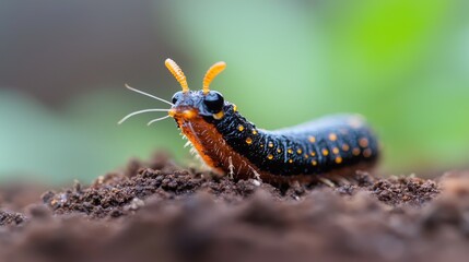 Fototapeta premium Velvet worm crawls on dark soil in a forest during daytime, captured in a detailed macro shot.