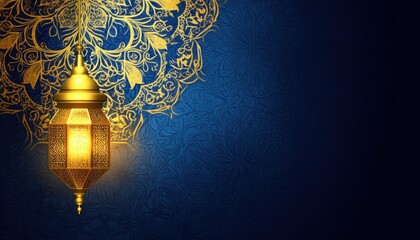 Golden Lantern Against Intricate Blue And Gold Patterned Background Illuminated With Warm Light