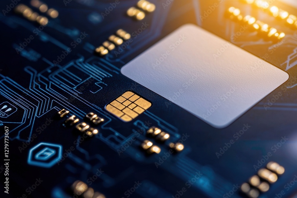 Poster a close-up of a microchip with a blank contact area, surrounded by intricate circuitry, showcasing a