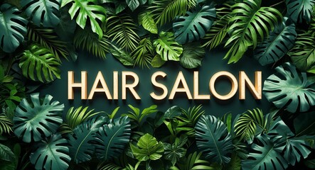 Hair salon lettering on jungle leaves background