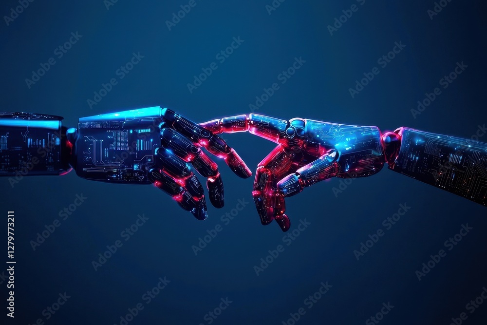 Poster a futuristic depiction of robot hands reaching toward each other, symbolizing connection and the con