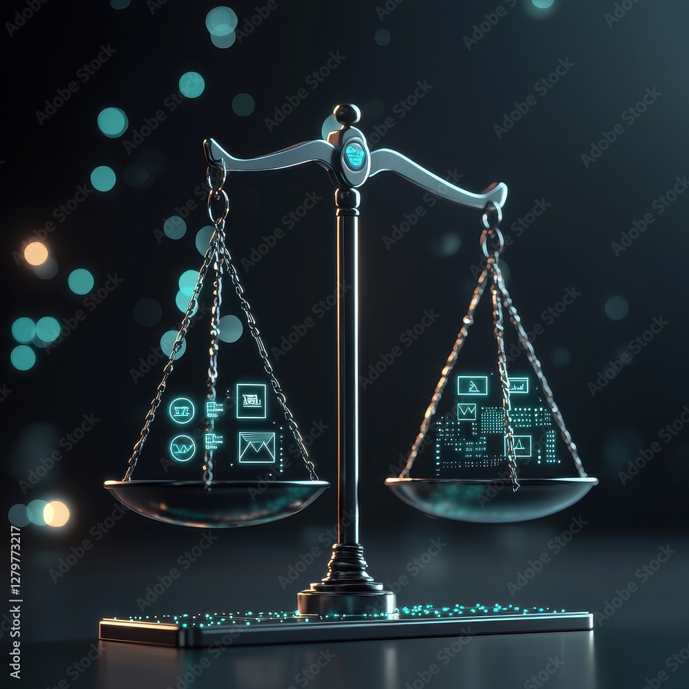 Poster a digital scale symbolizing balance, featuring icons and graphics, representing the intersection of 