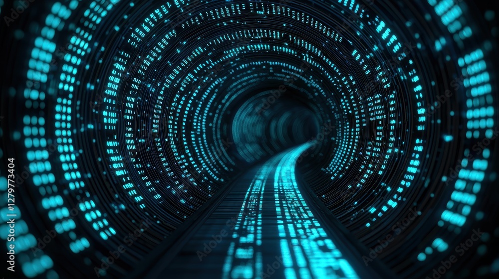 Poster a glowing digital tunnel with a curved path, illuminated by vibrant blue data streams, creating a fu