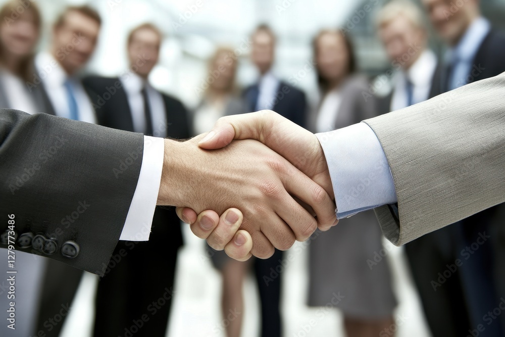 Poster people engaging in a handshake during a business meeting in a modern office setting with professiona