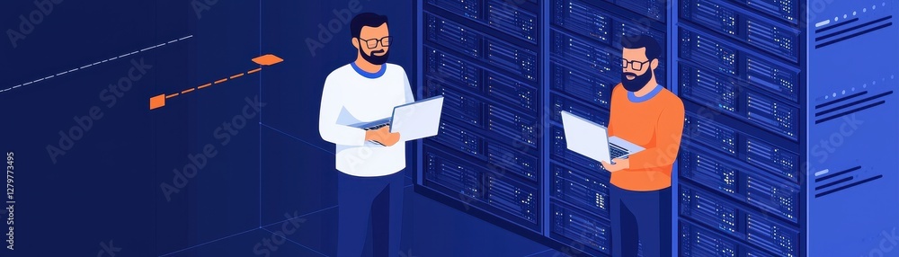 Poster two men are analyzing data on laptops in a server room, surrounded by storage racks, symbolizing tec