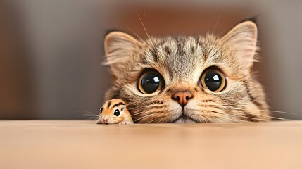 Fototapeta premium Curious Cat and Hamster Watching Each Other on a Wooden Surface