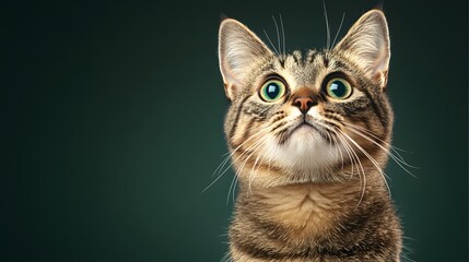 Cute Tabby Cat with Big Green Eyes Looking Up in Studio Setting