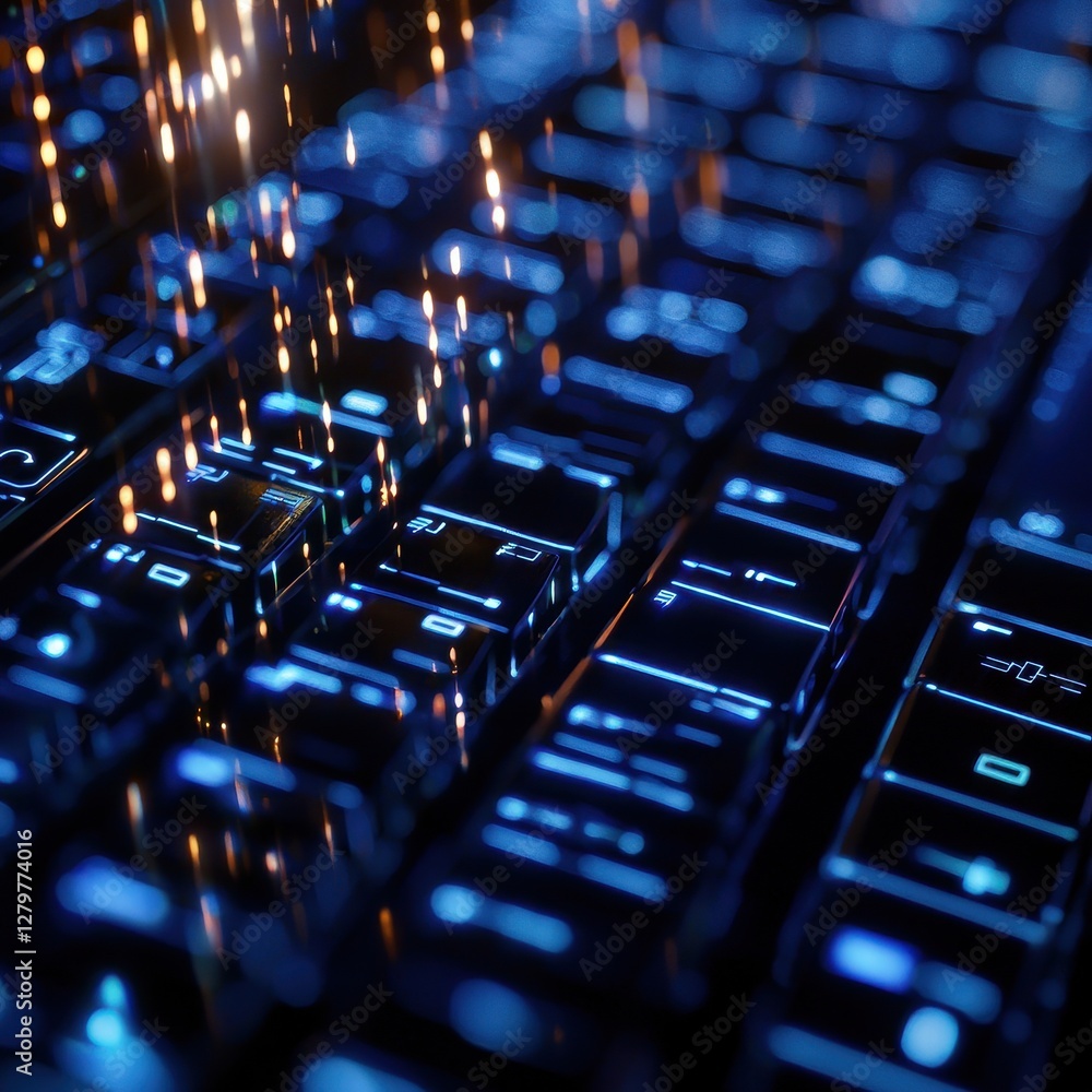 Poster a close-up view of a backlit keyboard with vibrant blue lighting, highlighting the sleek keys and a 
