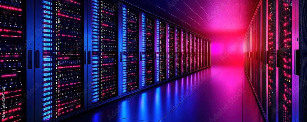 Poster a modern data center featuring rows of servers illuminated by vibrant blue and pink lights, creating