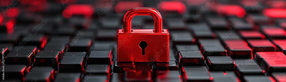 Poster a shiny red padlock rests on a dark keyboard, symbolizing security and protection in a digital envir