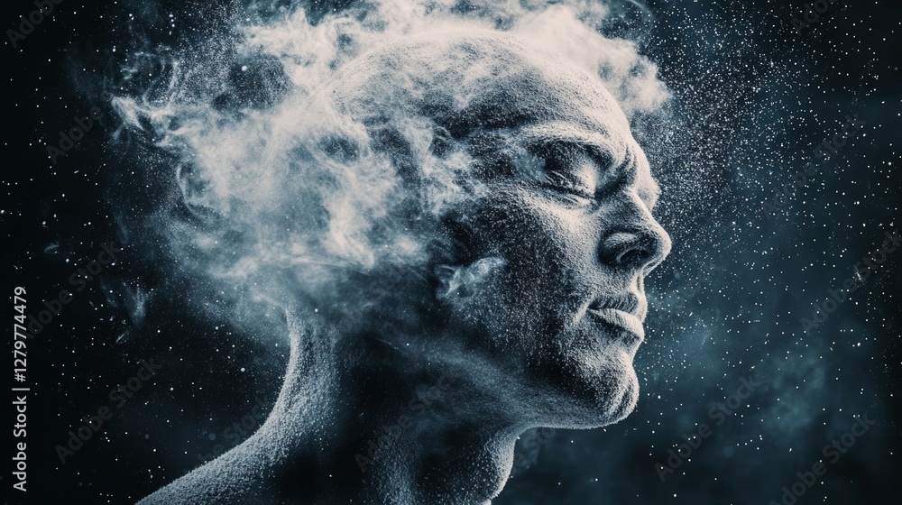 Poster surreal portrait of a man with closed eyes, his head transforming into smoke and particles against a