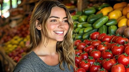 Woman smiles at market stall full of fresh produce - Powered by Adobe