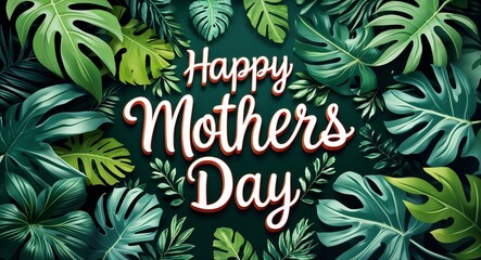 happy mothers day lettering on jungle leaves background