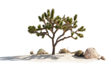 Joshua Tree with Rocks in Desert Landscape under Clear Blue Sky