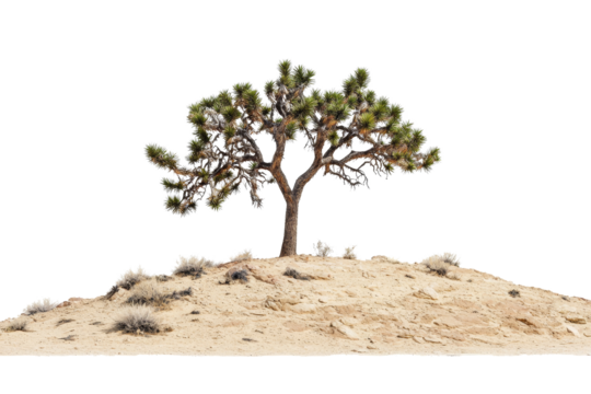 Lone Joshua Tree on Desert Hill Surrounded by Soft Sand and Vegetation